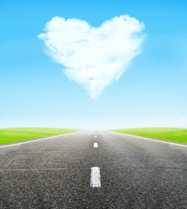road and cloudy heart in sky