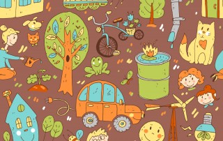 Vector doodle cute seamless pattern of ecology and family. Nature, alternative energy sources, resource saving, smart house. Color handdrawn illustration, cartoon style